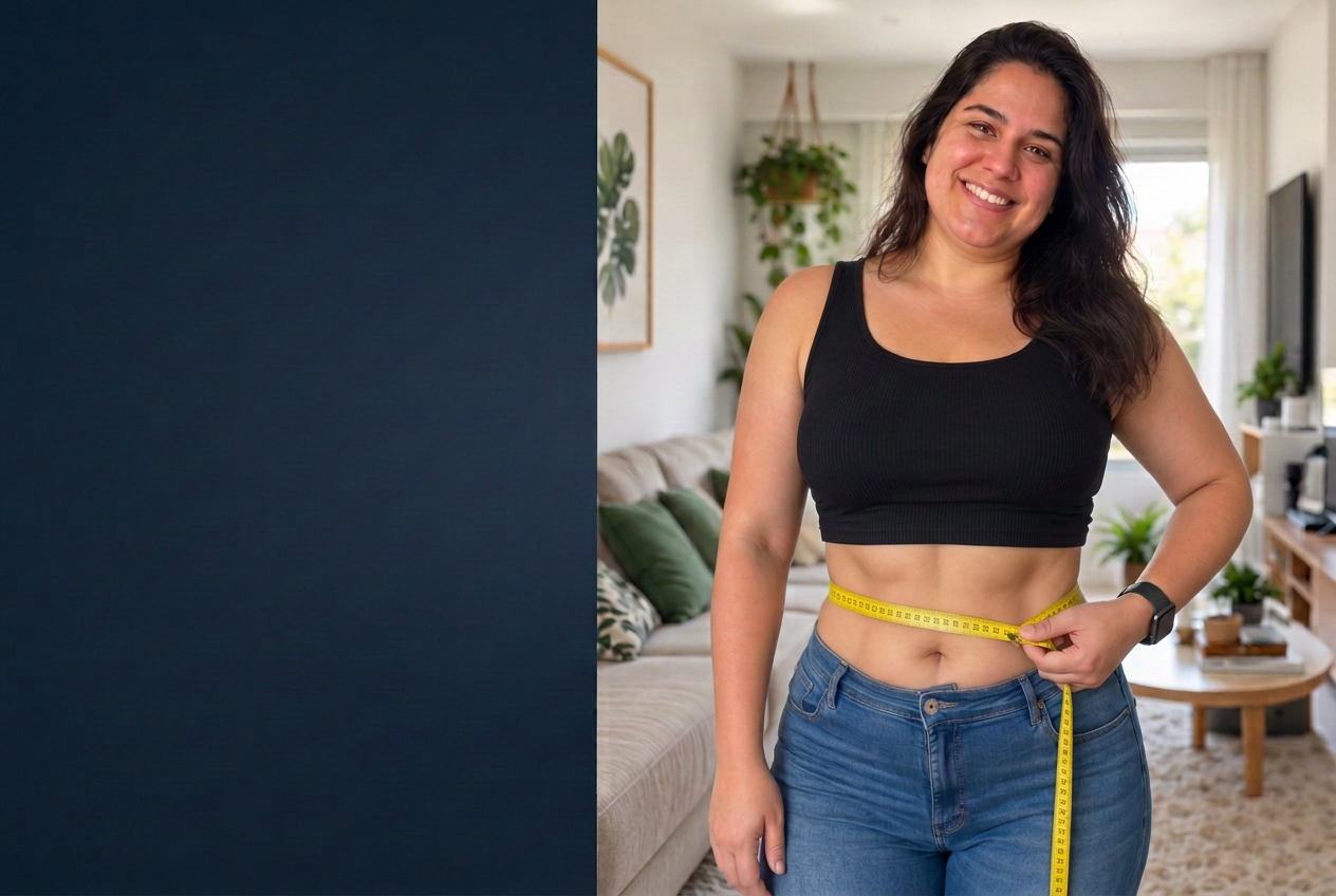 Imagem ilustrativa de uma mulher sorrindo medindo a cintura com fita métrica; não representa resultado de tratamento